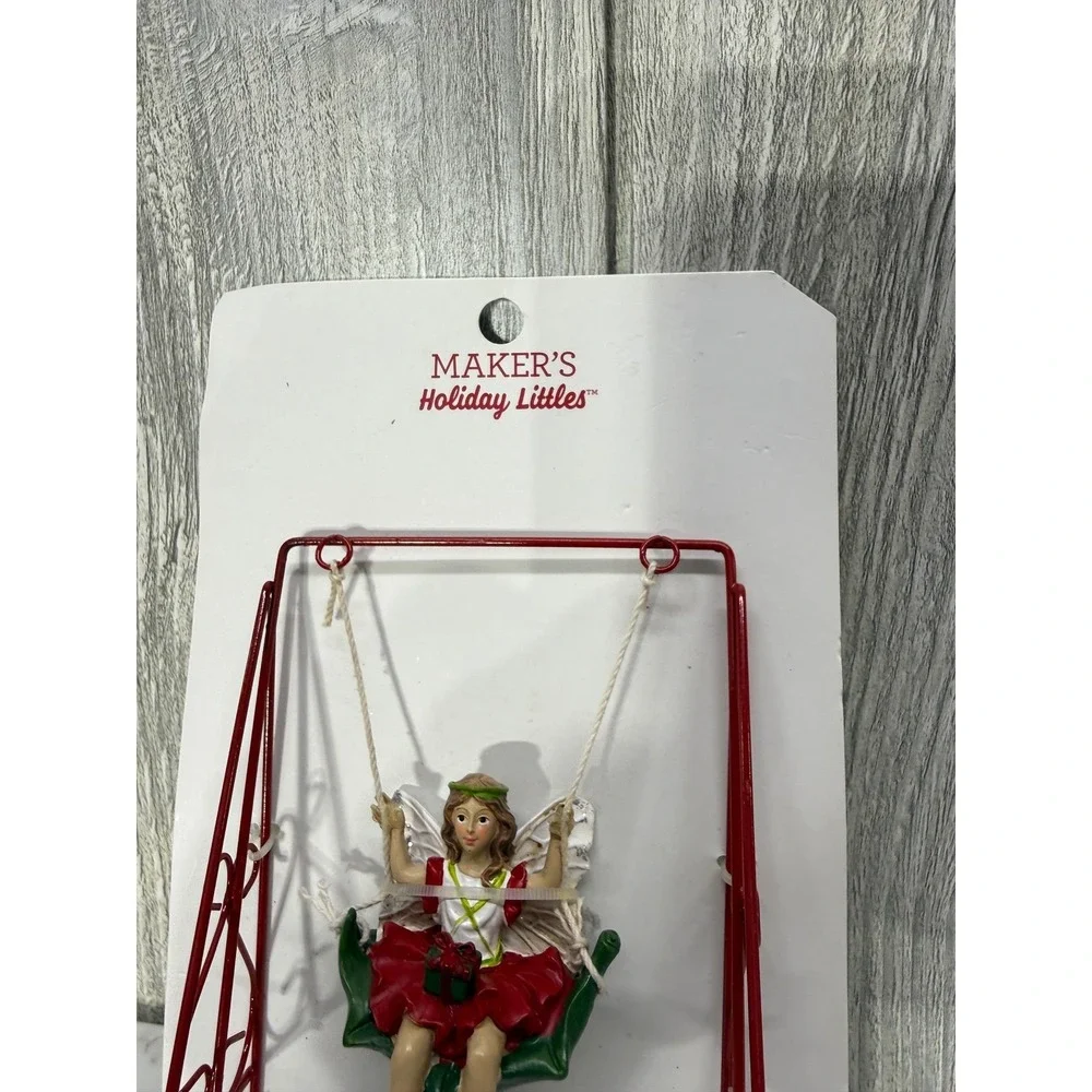 Makers Holiday Littles Swinging Fairy Miniature Figurine Red White Green 1550
